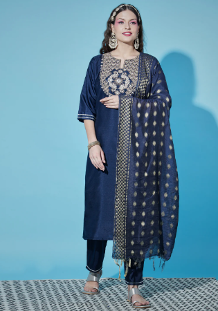 Picture of Cotton & Silk Navy Blue Readymade Salwar Kameez