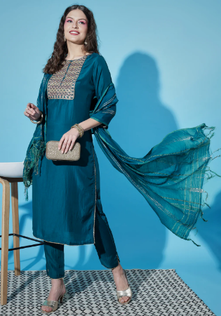 Picture of Admirable Cotton & Silk Teal Readymade Salwar Kameez