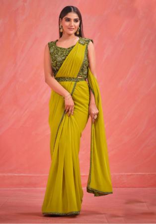 Picture of Crepe & Georgette & Net,Silk Dark Golden Rod Saree