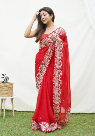 Picture of Excellent Georgette & Satin & Silk Crimson Saree