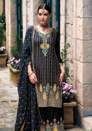 Picture of Chiffon & Silk Midnight Blue Straight Cut Salwar Kameez