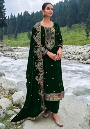 Picture of Chiffon Dark Green Straight Cut Salwar Kameez