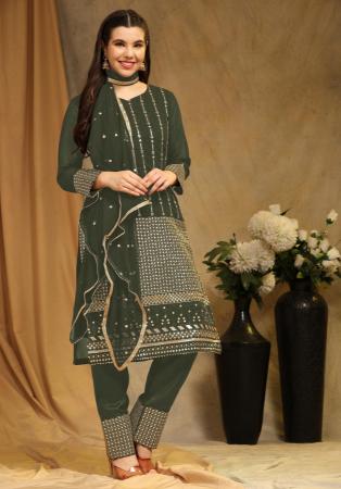 Picture of Georgette Dark Olive Green Straight Cut Salwar Kameez