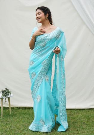 Picture of Stunning Georgette Medium Turquoise Saree