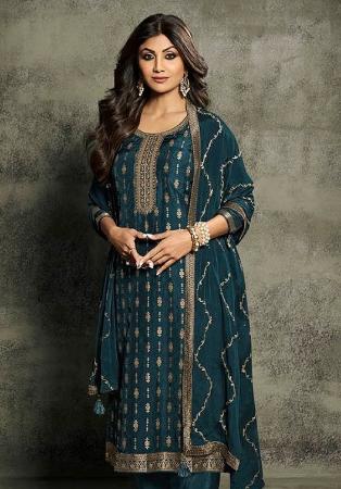 Picture of Silk Dark Slate Grey Straight Cut Salwar Kameez