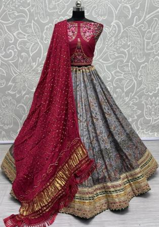 Picture of Fine Silk Light Slate Grey & Maroon Lehenga Choli