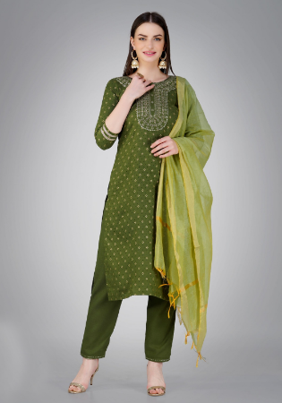 Picture of Cotton Dark Olive Green Readymade Salwar Kameez