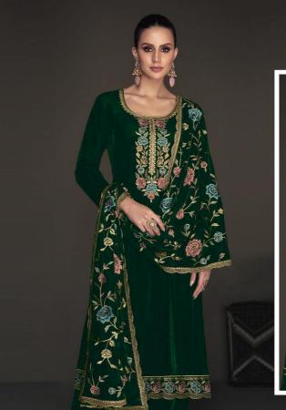 Picture of Chiffon Dark Olive Green Straight Cut Salwar Kameez