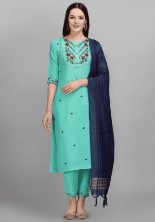 Picture of Cotton Medium Aqua Marine Readymade Salwar Kameez