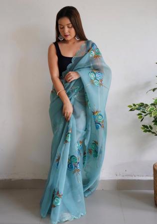 Picture of Magnificent Satin & Organza Cadet Blue Saree