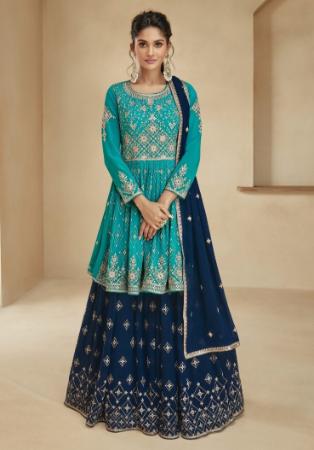 Picture of Georgette Dark Cyan Straight Cut Salwar Kameez