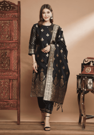 Picture of Cotton & Silk Black Readymade Salwar Kameez