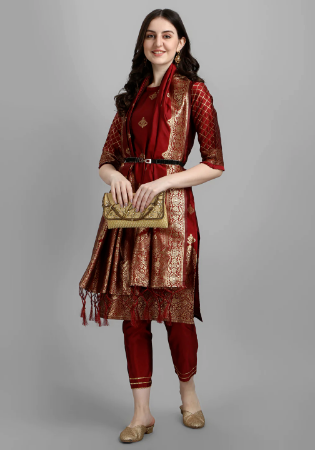 Picture of Cotton & Silk Maroon Readymade Salwar Kameez