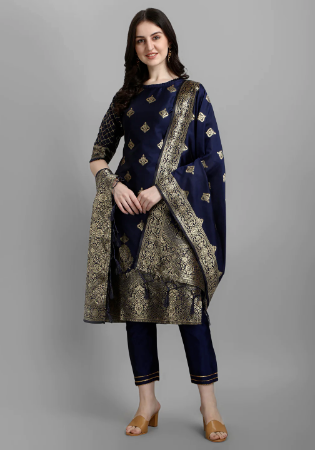 Picture of Cotton & Silk Navy Blue Readymade Salwar Kameez