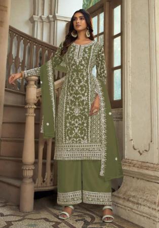 Picture of Net Dark Olive Green Straight Cut Salwar Kameez