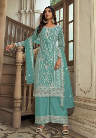 Picture of Fine Net Cadet Blue Straight Cut Salwar Kameez