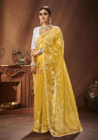 Picture of Grand Silk & Organza Golden Rod Saree