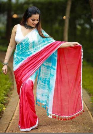 Picture of Nice Linen Red & Light Steel Blue Saree