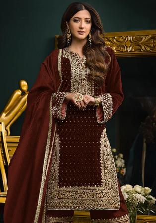 Picture of Splendid Chiffon Maroon Straight Cut Salwar Kameez