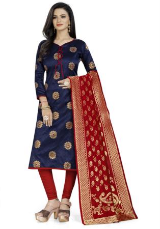 Picture of Appealing Silk Navy Blue Straight Cut Salwar Kameez