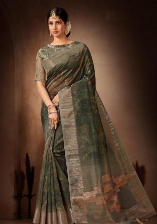 Picture of Stunning Organza Dark Olive Green Saree