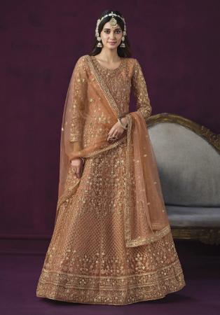 Picture of Comely Net Dark Khaki Anarkali Salwar Kameez