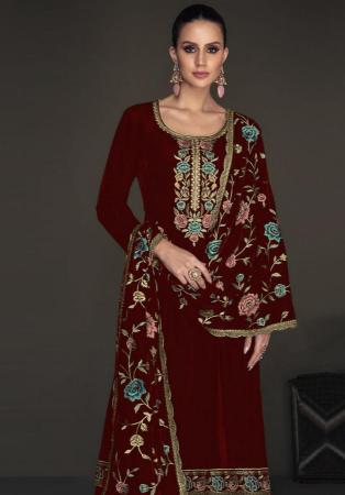 Picture of Ravishing Satin Maroon Straight Cut Salwar Kameez