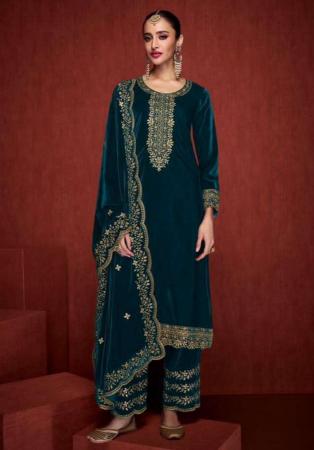 Picture of Chiffon & Georgette Dark Green Straight Cut Salwar Kameez