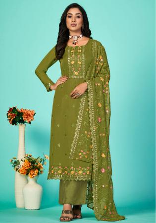 Picture of Organza Dark Olive Green Straight Cut Salwar Kameez