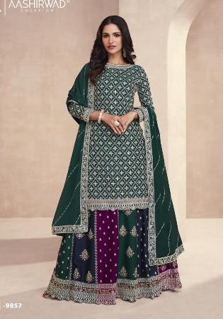 Picture of Chiffon & Silk Dark Green Straight Cut Salwar Kameez