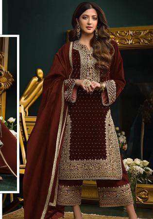 Picture of Chiffon & Satin Saddle Brown Straight Cut Salwar Kameez