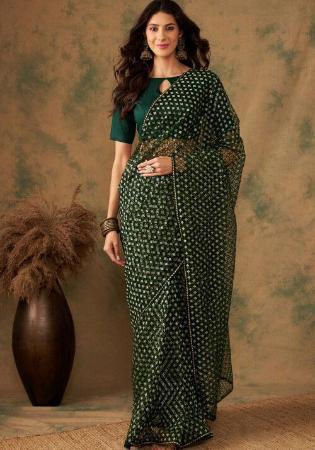 Picture of Lovely Net Dark Olive Green Saree