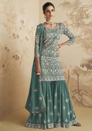 Picture of Georgette Medium Sea Green Straight Cut Salwar Kameez