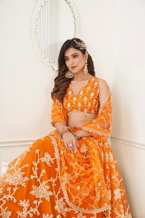 Picture of Fine Net Orange Red Lehenga Choli