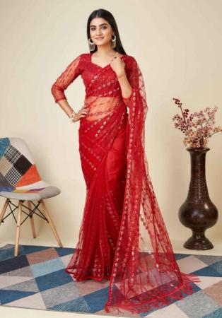 Picture of Good Looking Net Dark Red Saree