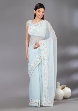 Picture of Stunning Georgette & Net Light Steel Blue Saree