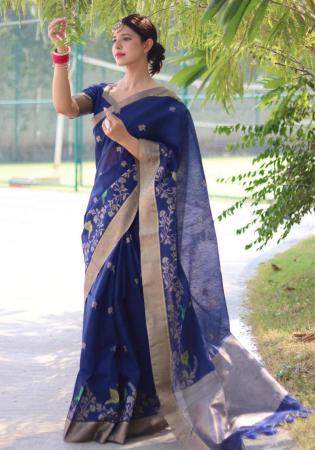 Picture of Fine Linen & Silk Midnight Blue Saree