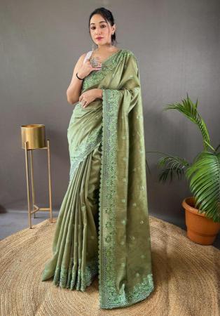 Picture of Beautiful Silk Dark Olive Green Saree