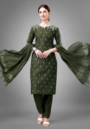 Picture of Cotton Dark Olive Green Readymade Salwar Kameez