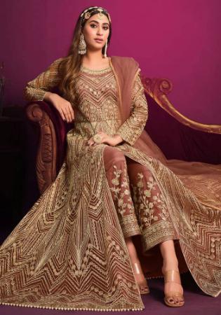 Picture of Pleasing Net Dark Khaki Straight Cut Salwar Kameez