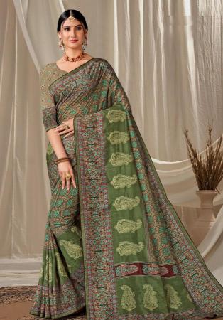 Picture of Lovely Silk Dark Olive Green Saree