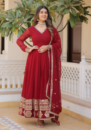 Picture of Taking Georgette Fire Brick Readymade Gown