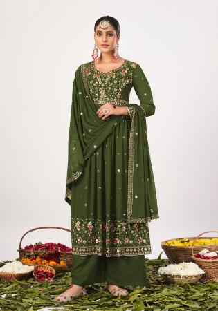 Picture of Georgette Dark Olive Green Straight Cut Salwar Kameez