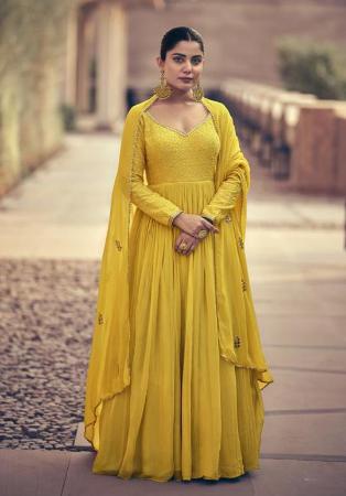 Picture of Chiffon & Silk Golden Rod Anarkali Salwar Kameez