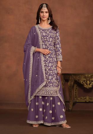 Picture of Georgette Medium Orchid Straight Cut Salwar Kameez