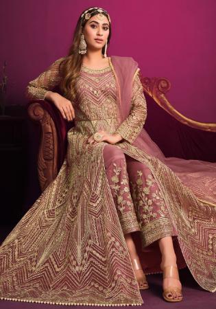 Picture of Nice Net Rosy Brown Straight Cut Salwar Kameez