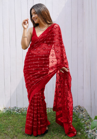 Picture of Fascinating Net Dark Red Saree