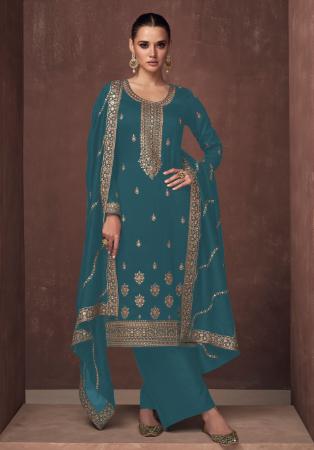 Picture of Silk Dark Slate Grey Straight Cut Salwar Kameez