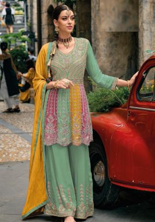 Picture of Chiffon Dark Sea Green Straight Cut Salwar Kameez