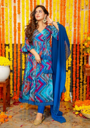 Picture of Chiffon Dark Slate Blue Readymade Salwar Kameez